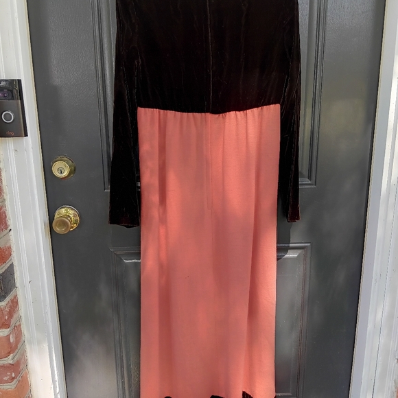 Designer Vntg 70s Cottagecore Maxi Dress 11 Peach Brown Velvet Flower Retro Boho - Picture 15 of 16